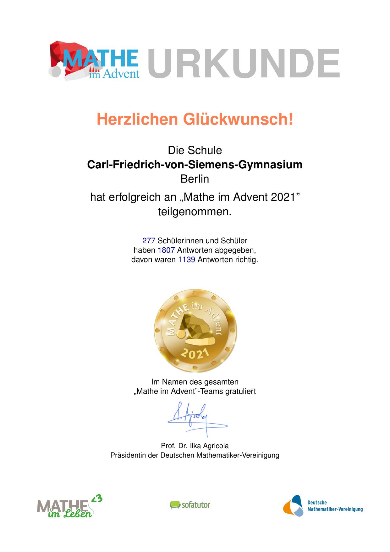 Schulurkunde MiA 2021 Carl Friedrich von Siemens Gymnasium 1